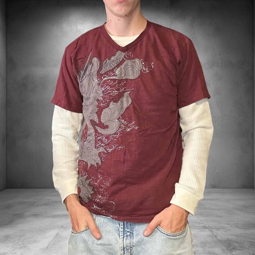 Marc Ecko Cut & Sew Dragon Graphic T-Shirt Maroon Red Y2K Skater Mens L